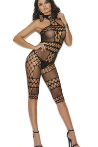 Elegant Moments Crochet And Fishnet Halter Bodystocking in Black  from SexyShoes.com