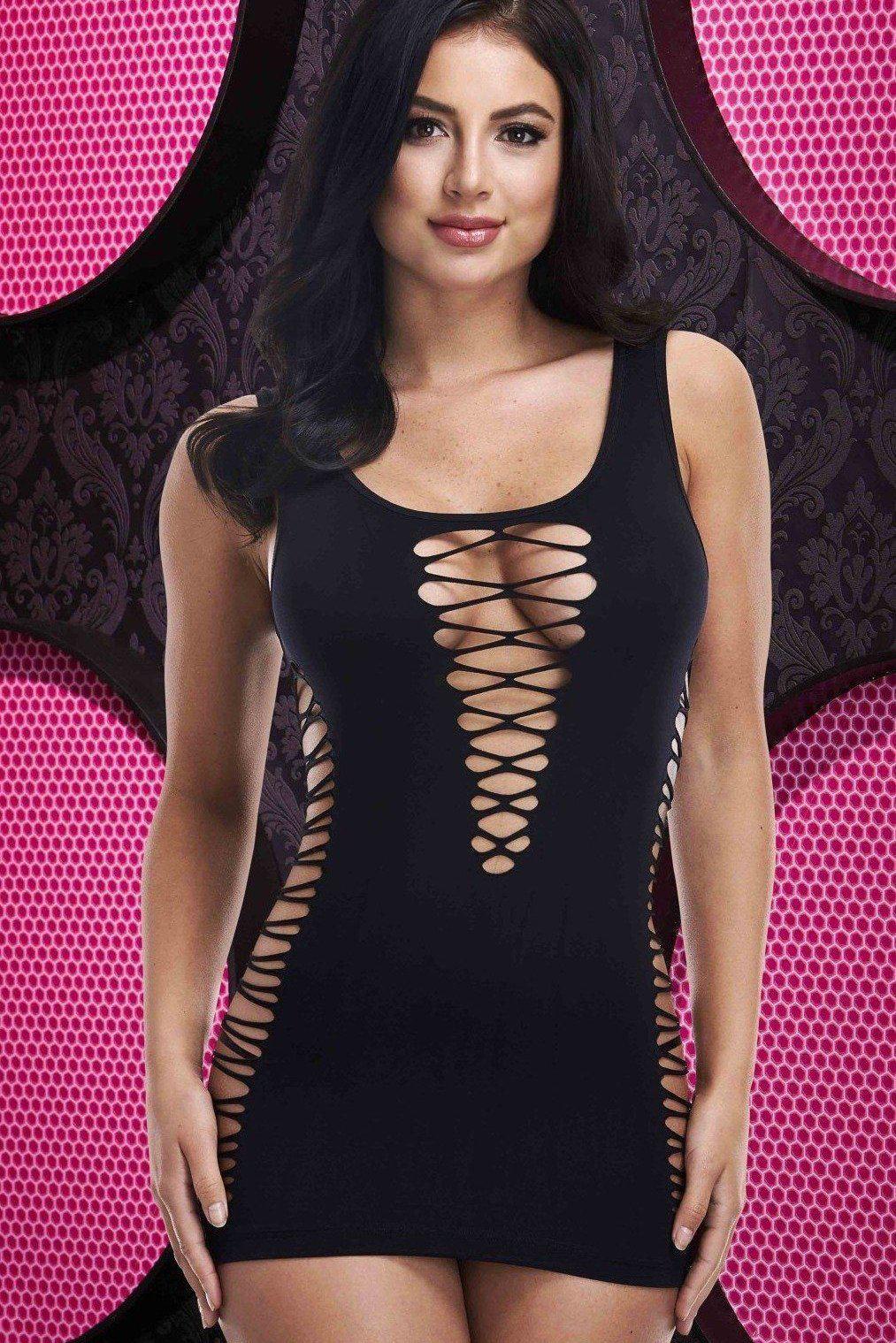 Deep V Mini Dress-Stripper Dresses-Lapdance Lingerie-Black-O/S-SEXYSHOES.COM