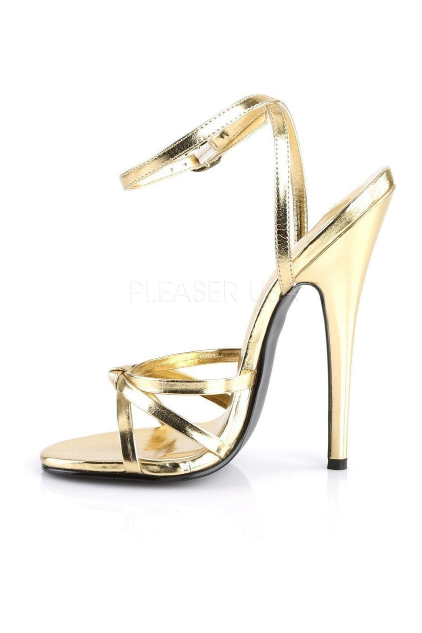 Devious DOMINA-108 Sandal in Gold Faux Leather