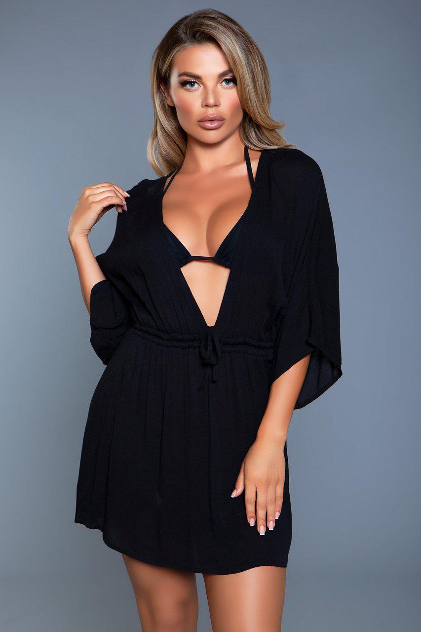 Drape Sleeve Crinkle Beach Cover Up-Beach Dresses-BeWicked-Black-S/M-SEXYSHOES.COM