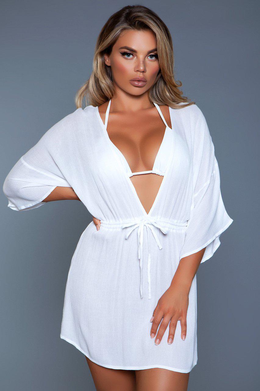 Drape Sleeve Crinkle Beach Cover Up-Beach Dresses-BeWicked-White-S/M-SEXYSHOES.COM