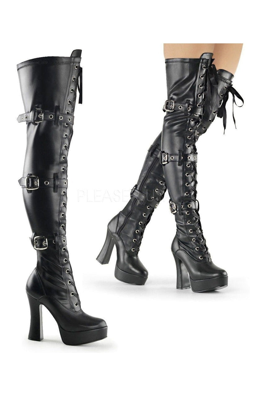 ELECTRA-3028 Platform Boot | Black Faux Leather-Pleaser-Black-Thigh Boots-SEXYSHOES.COM