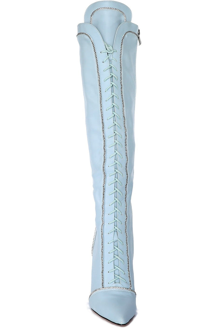 Lace Up Rhinestone Knee boot | Faux Leather-Pumps-SEXYSHOES.COM