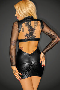 Noir Handmade Hand Crafted Beaded Tull Mini Dress in Black Faux Leather