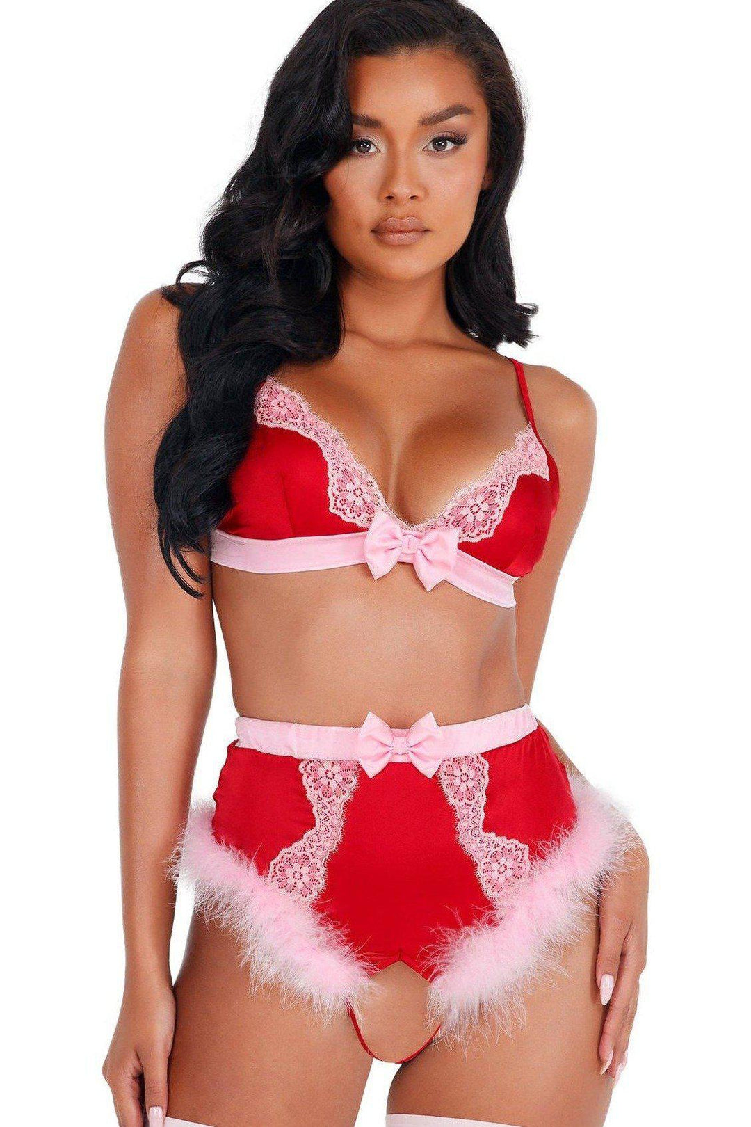 Roma Confidential Lace and Satin Marabou Bra Set in Red  from SexyShoes.com