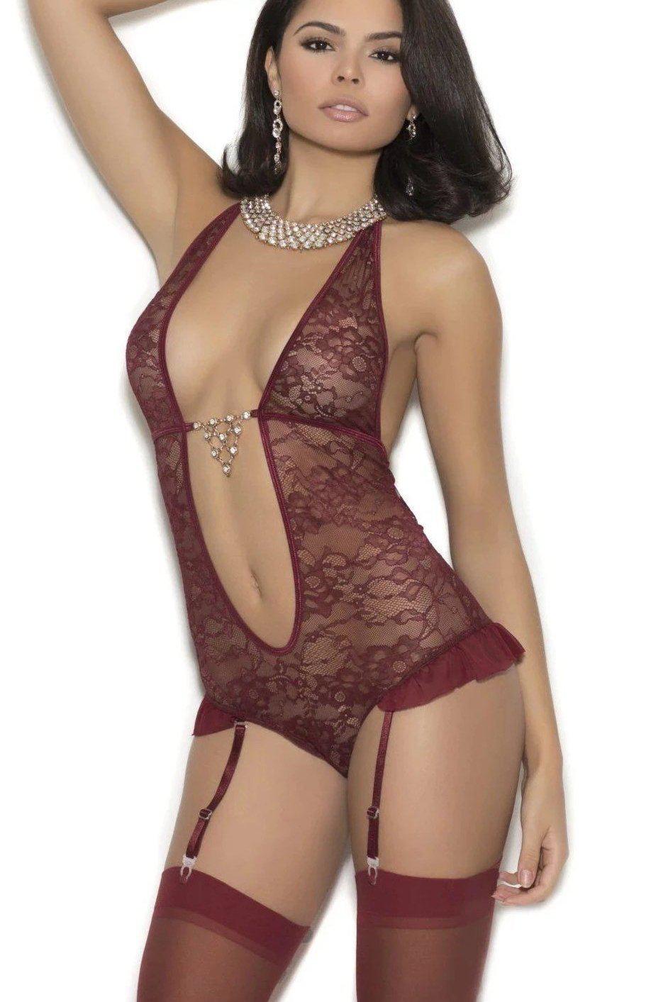 Elegant Moments Lace Halter Style Teddy With Deep V Neckline And Detachable Garters in Burgundy  from SexyShoes.com