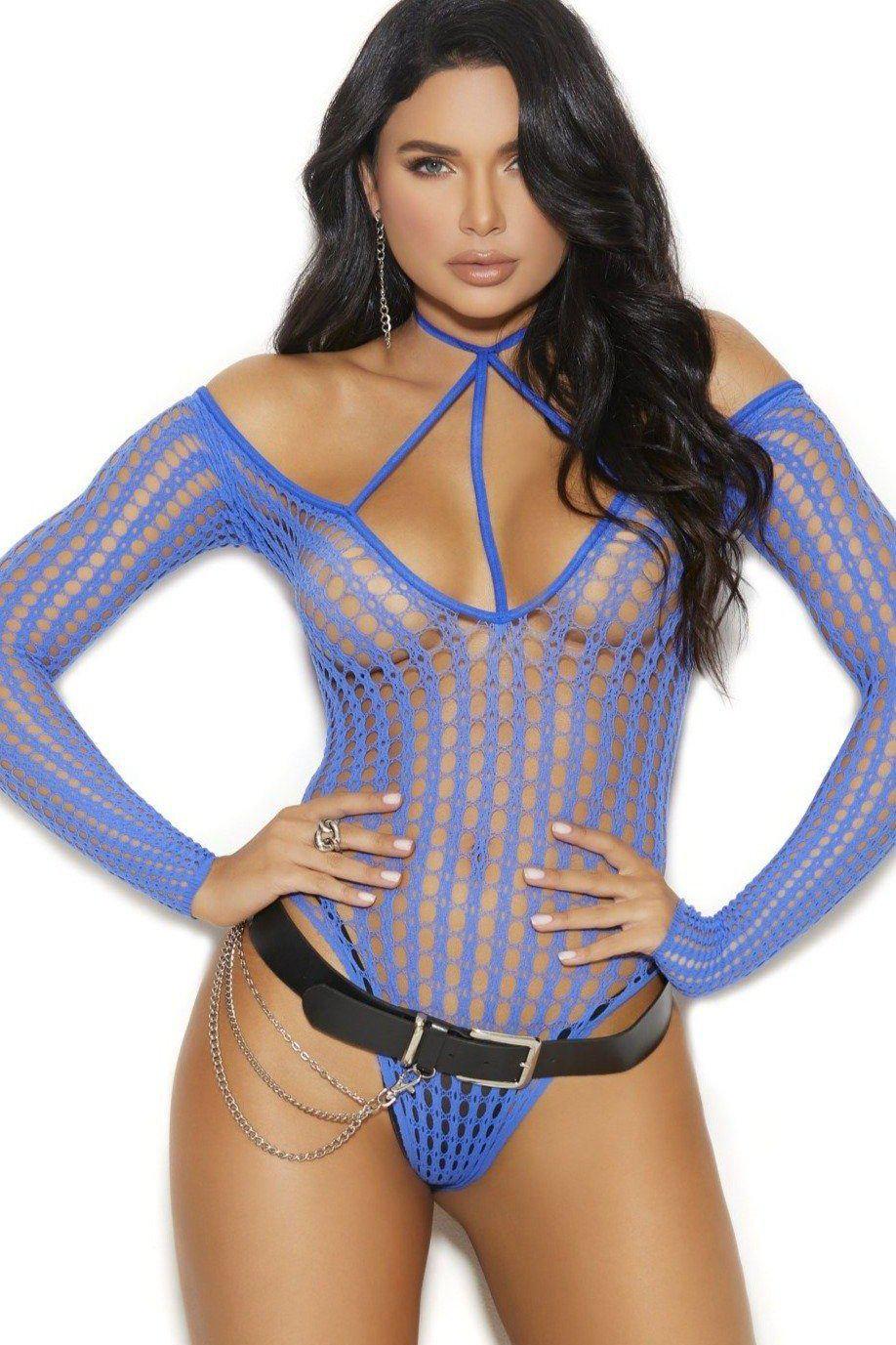 Elegant Moments Long Sleeve Crochet Teddy in Blue  from SexyShoes.com