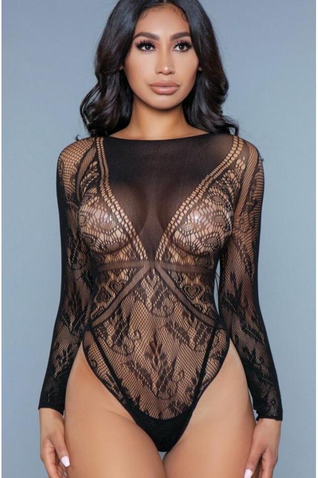 BeWicked Long Sleeve Floral Lace Bodysuit in Black  from SexyShoes.com
