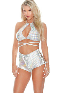 Bodyshotz Metallic Halter Top and Booty Short Set in Silver  from SexyShoes.com