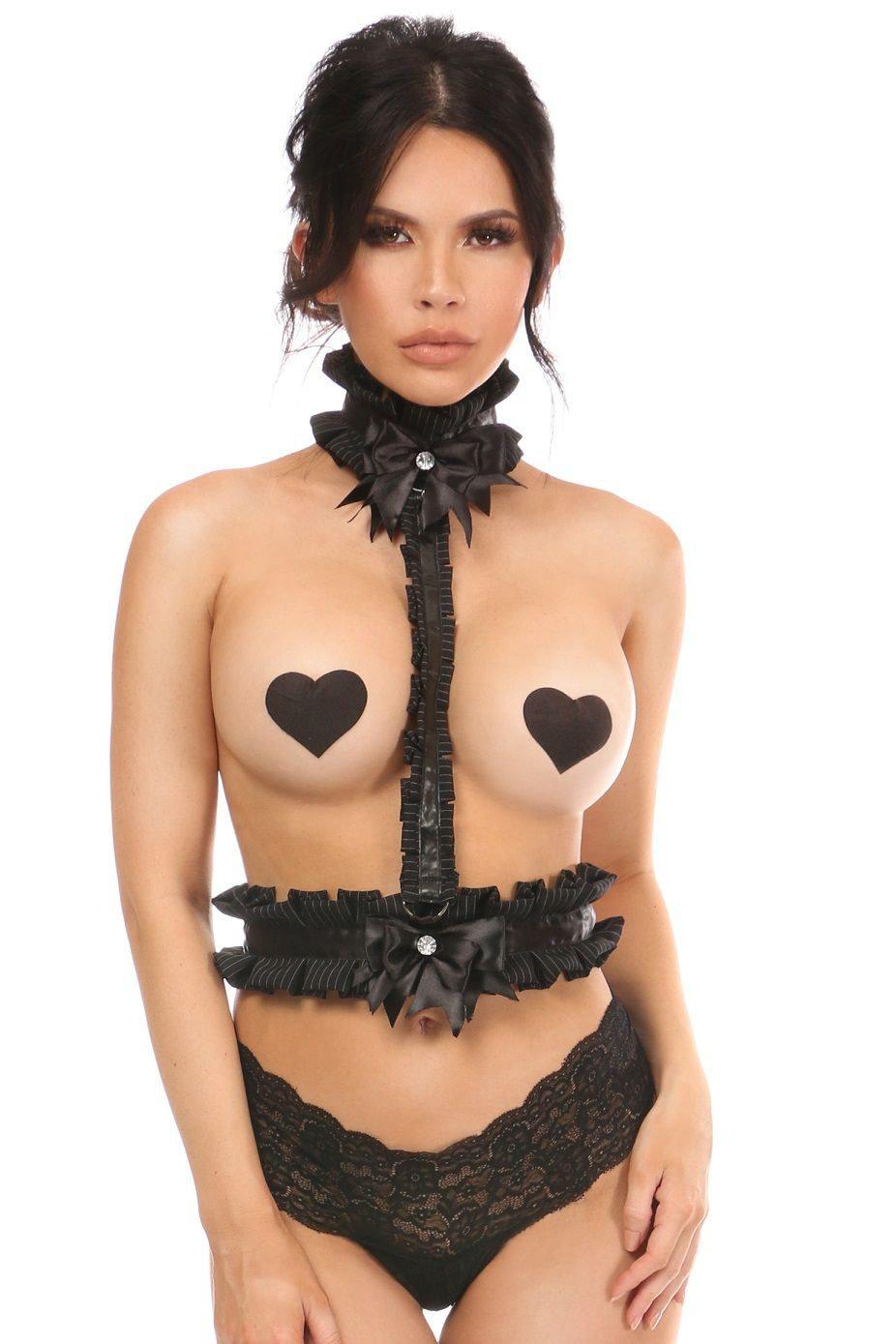 Plus Size Pinstripe Single Strap Body Harness-Wings + Harness-Daisy Corsets-Black-Q-SEXYSHOES.COM
