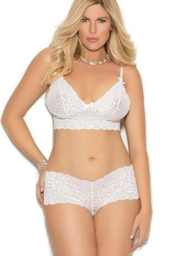 Elegant Moments Plus Size Stretch Lace Camisole With Satin Bows And Booty Shorts in White  from SexyShoes.com