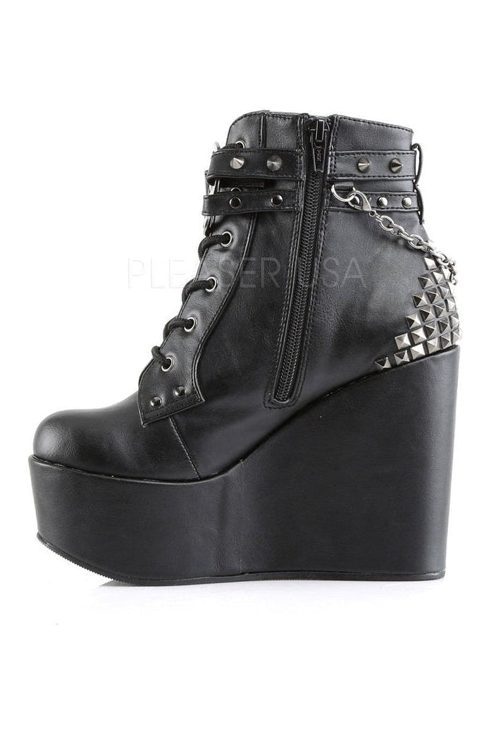 POISON-101 Demonia Wedge | Black Faux Leather-Demonia-Ankle Boots-SEXYSHOES.COM