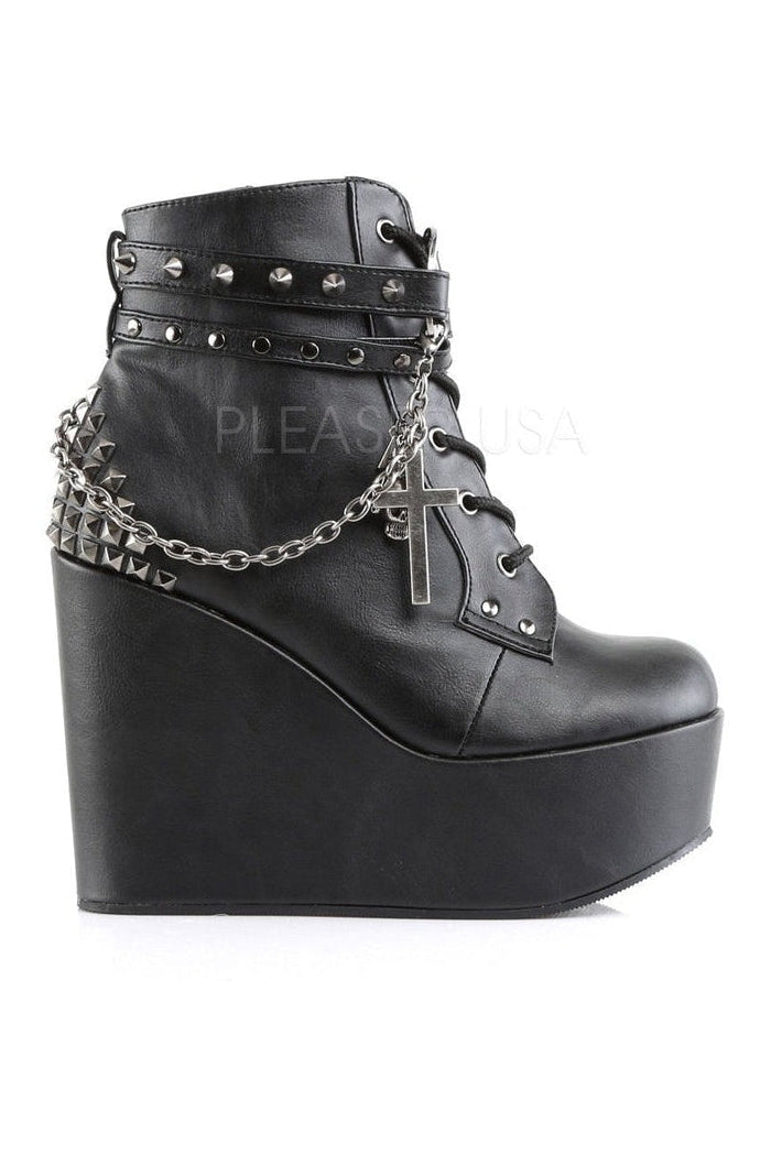 POISON-101 Demonia Wedge | Black Faux Leather-Demonia-Ankle Boots-SEXYSHOES.COM