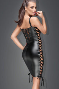 Noir Handmade Ribbon Side Detail Lace Front Fetish Mini Dress in Black Wetlook