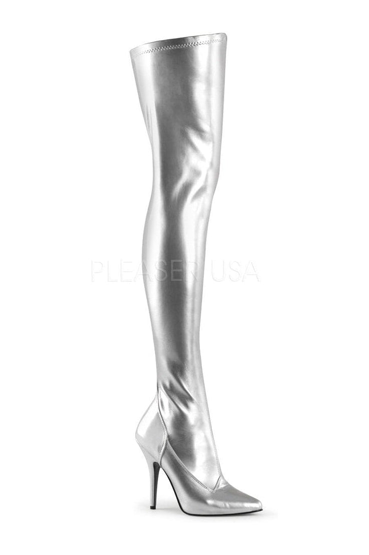 SEDUCE-3000 Thigh Boot | Silver Faux Leather-Pleaser-Silver-Thigh Boots-SEXYSHOES.COM