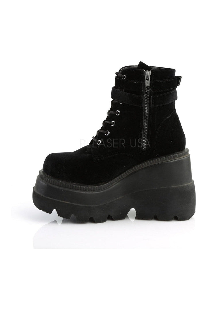SHAKER-52 Demonia Wedge | Black Velvet-Demonia-Ankle Boots-SEXYSHOES.COM