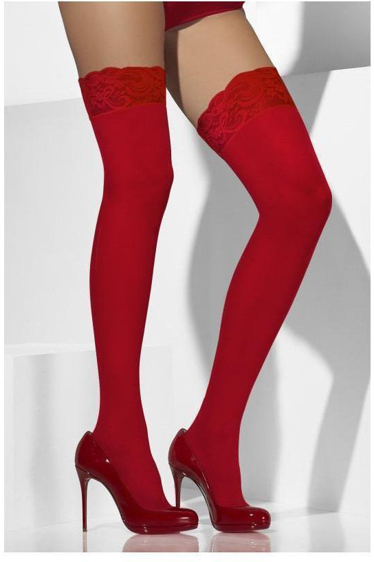 Sheer Hold-Ups | Red-Fever-Red-Thigh High Hosiery-SEXYSHOES.COM