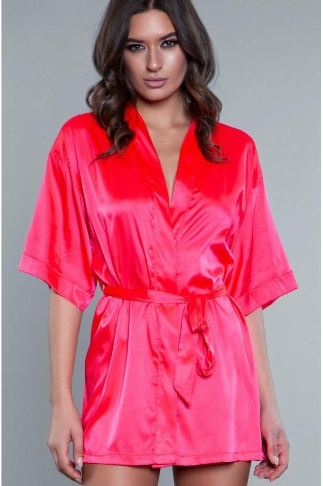 Short Satin Robe-Robes-BeWicked-Fuchsia-S-SEXYSHOES.COM