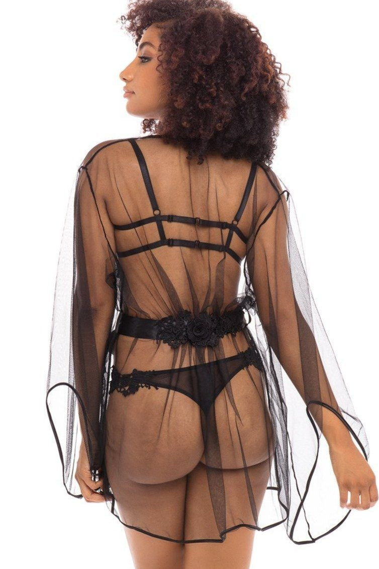 Oh La La Cheri Short Tulle Embriodered Robe in Black