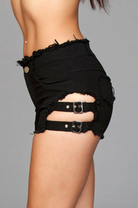 BeWicked Side Buckle Denim Shorts in Black