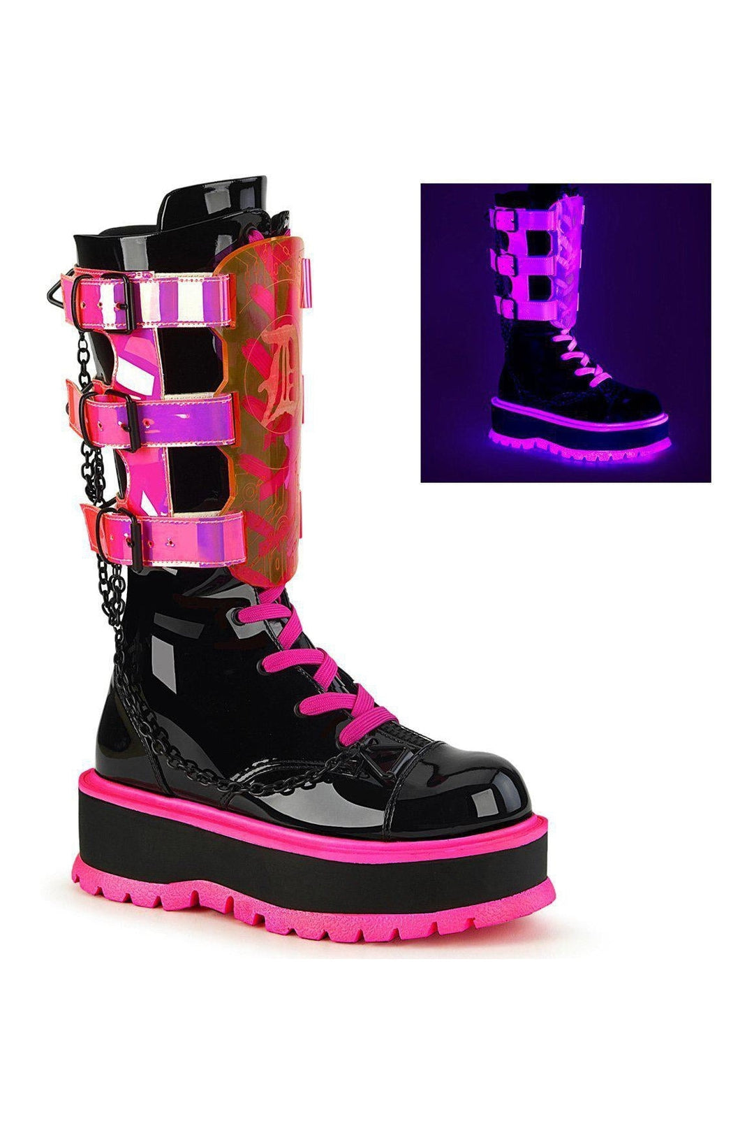 SLACKER-156 Knee Boot | Black Patent-Knee Boots-Demonia-SEXYSHOES.COM