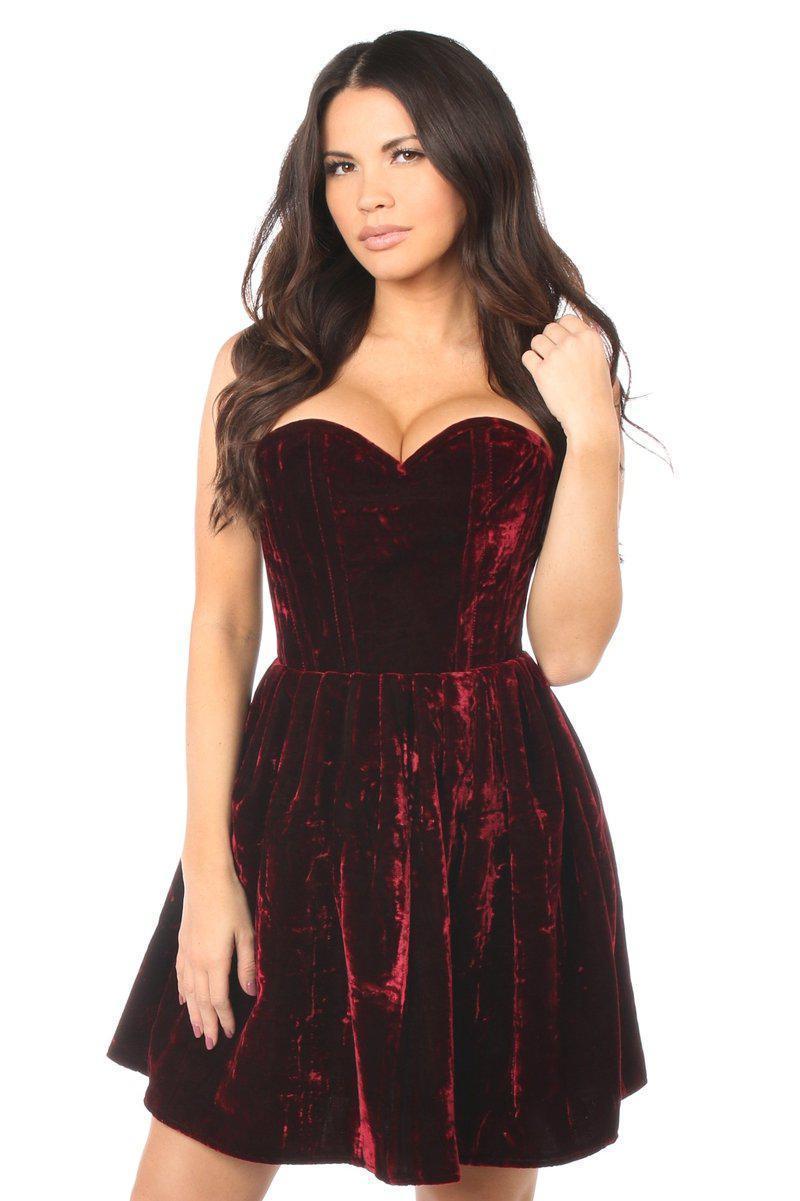 SS-Top Drawer Steel Boned Red Velvet Empire Waist Corset Dress-Final Sale-SEXYSHOES.COM