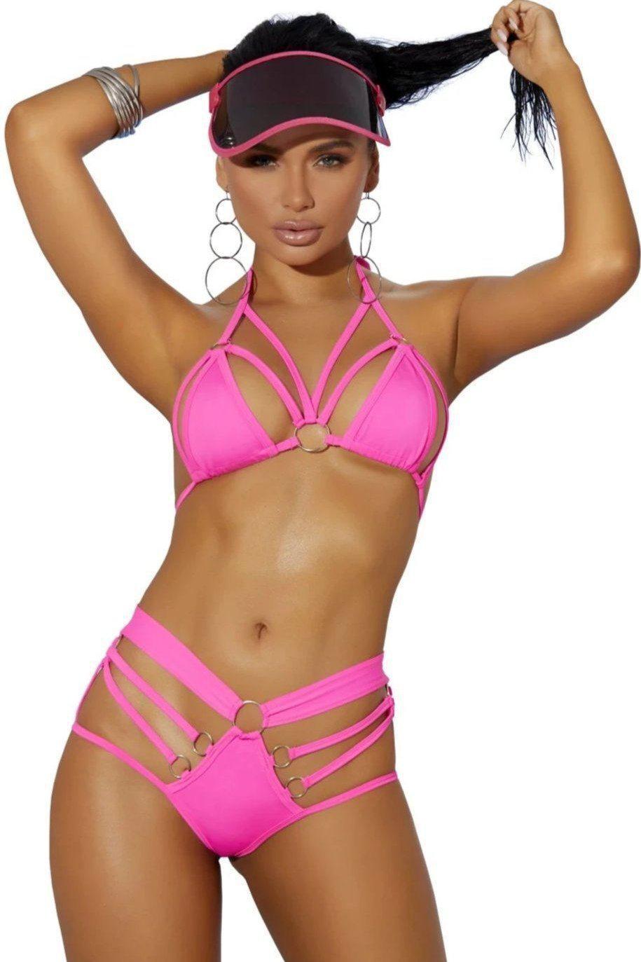 Strappy Bikini with O Rings-Dancewear Sets-Elegant Moments-Fuchsia-O/S-SEXYSHOES.COM