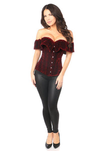 Daisy Corsets Top Drawer Dark Red Velvet Off The Shoulder Steel Boned Corset in Red