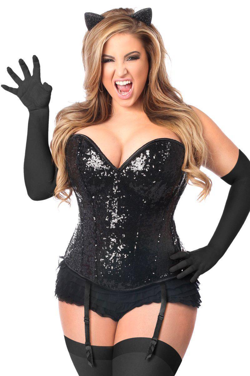 Top Drawer Plus Size 4 PC Sequin Black Cat Corset Costume-Daisy Corsets-SEXYSHOES.COM