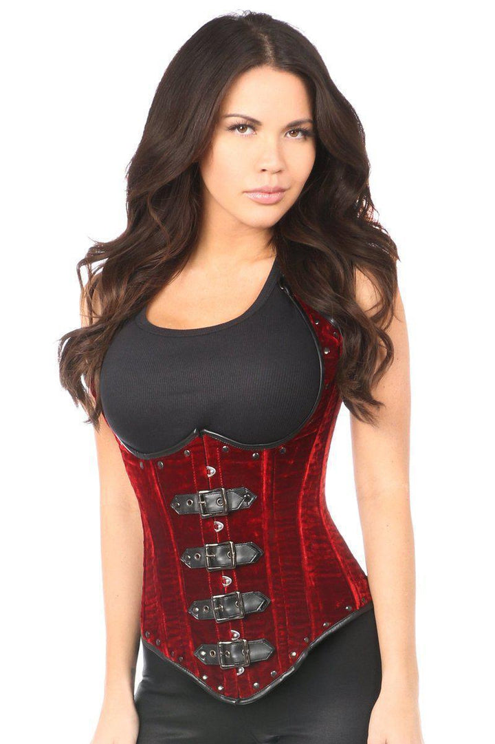 Top Drawer Steel Boned Red Velvet Underbust Corset w/Buckling-Daisy Corsets-SEXYSHOES.COM