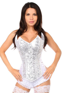 Daisy Corsets Top Drawer White/Silver Sequin Pointed Top Steel Boned Corset in Silver  from SexyShoes.com