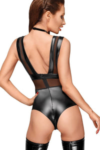 Noir Handmade Velvet Choker & Tulled insert Bodysuit in Black Wetlook