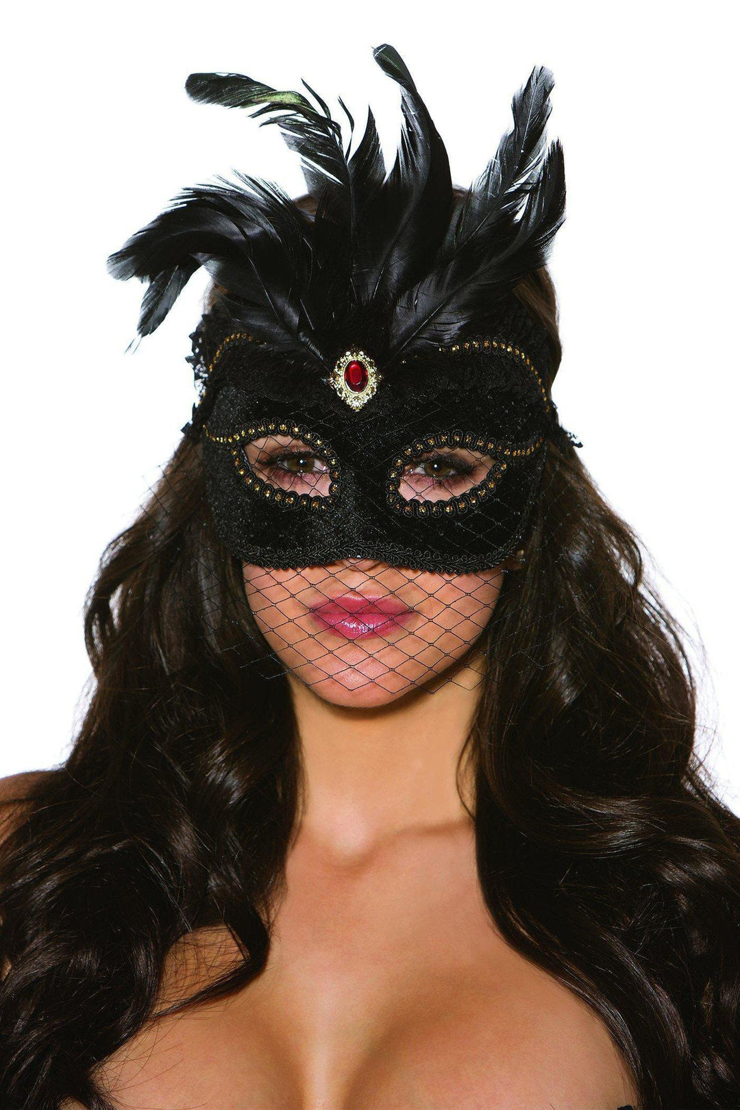 Velvet Mask with Feathers-Costume Headwear-Shirley of Hollywood-Black-O/S-SEXYSHOES.COM