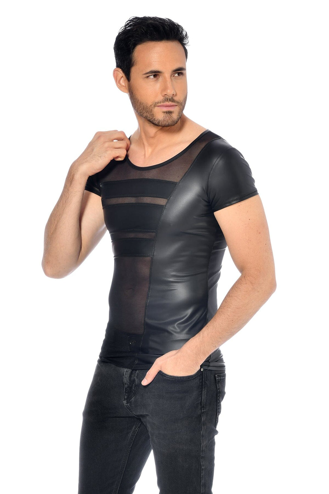 L'HOMME BENJEN Wetlook Shirt in Black 