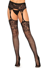 Rhinestone Lace Top Fishnet Stocking W/Attached Garterbelt & Lace Footing
