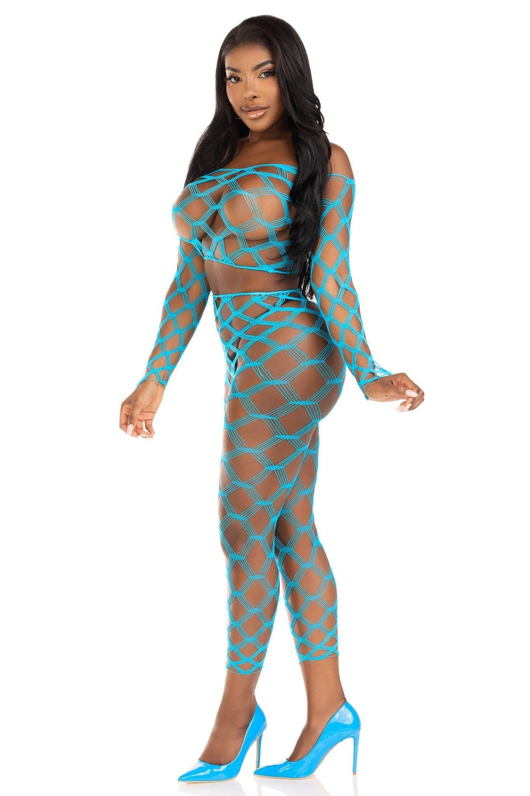 2 Pc Hardcore Net Crop Top And Footless Tights-Lingerie Sets-SEXYSHOES.COM