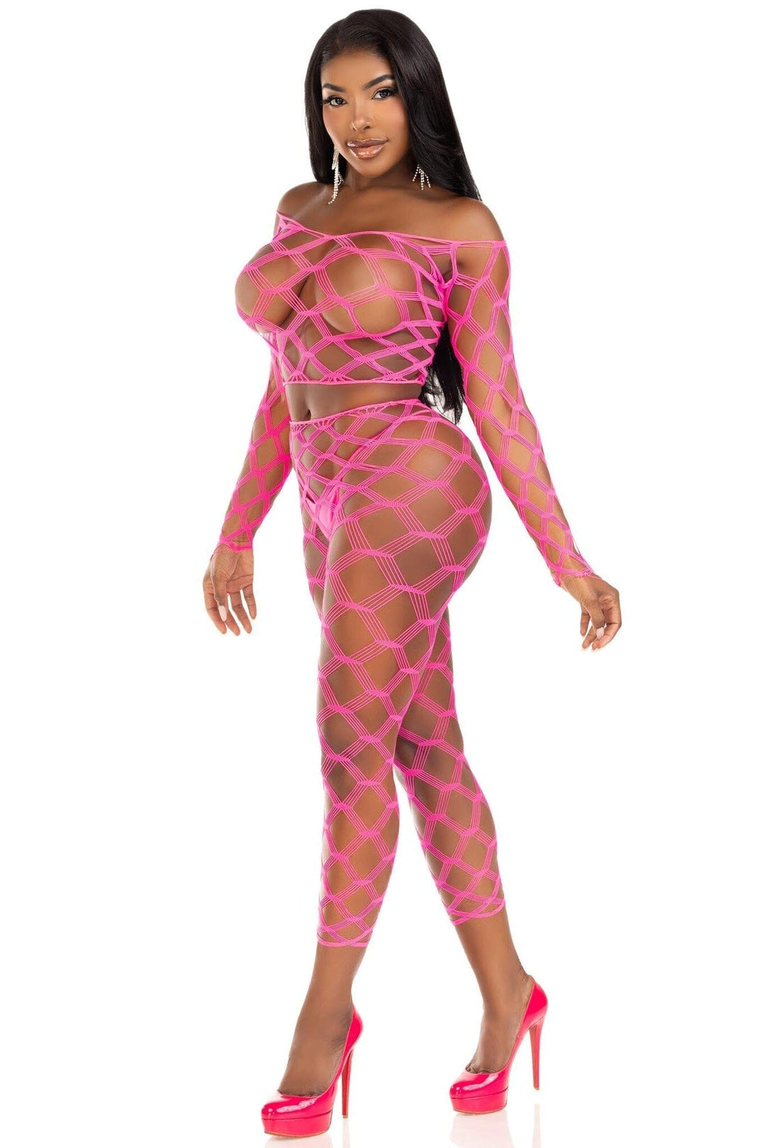 2 Pc Hardcore Net Crop Top And Footless Tights-Lingerie Sets-SEXYSHOES.COM