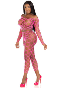 2 Pc Hardcore Net Crop Top And Footless Tights-Lingerie Sets-SEXYSHOES.COM