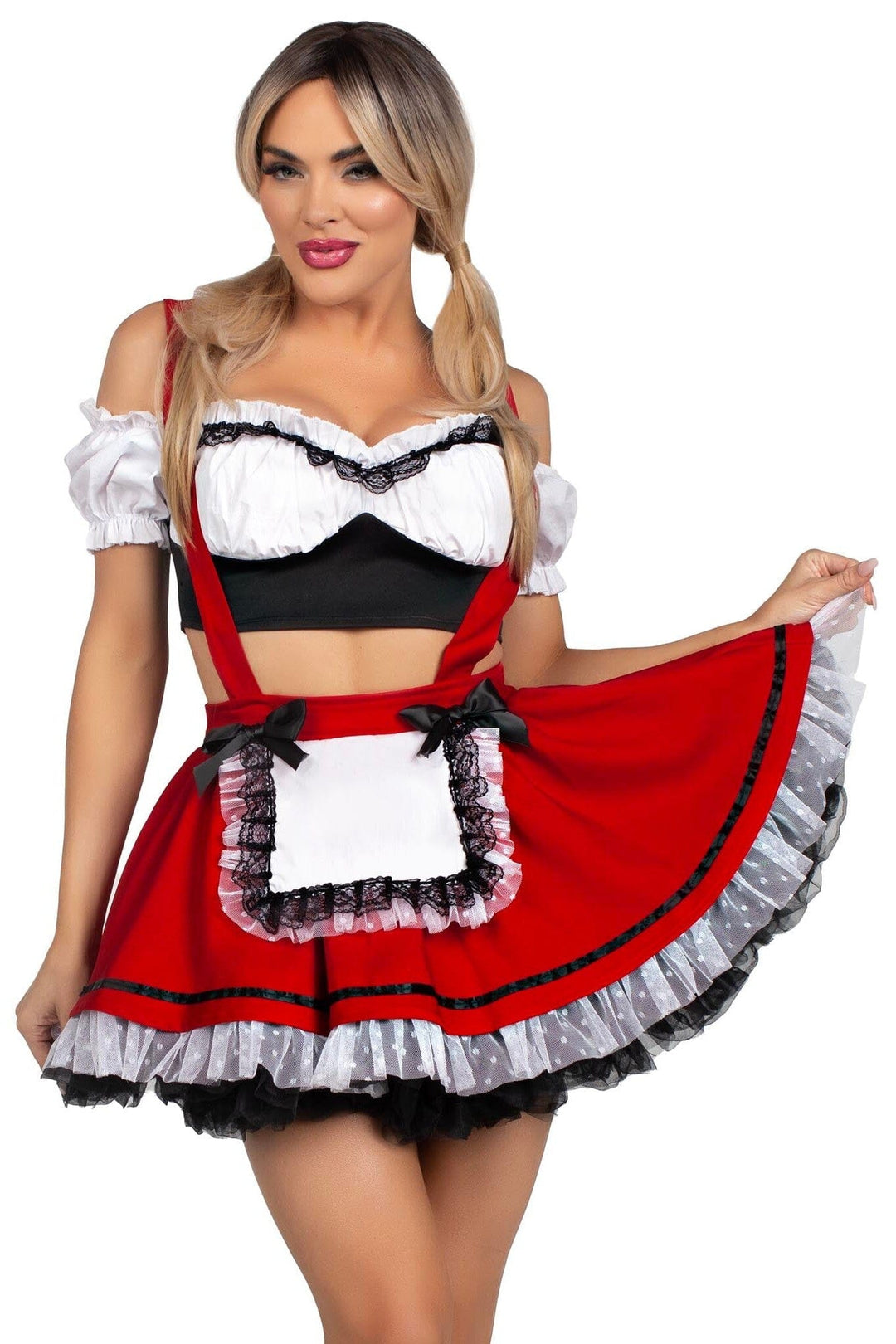 Leg Avenue 2 Piece Beerfest Babe Lace Trim Crop Top, Suspender Skirt Costume Set in Multi 