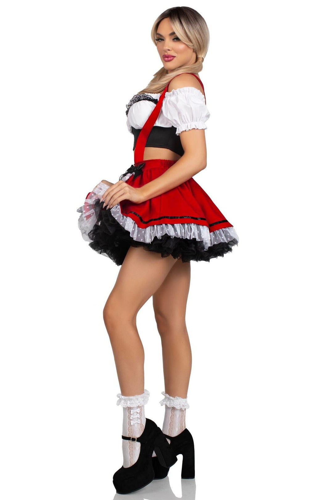 Leg Avenue 2 Piece Beerfest Babe Lace Trim Crop Top, Suspender Skirt Costume Set in Multi 
