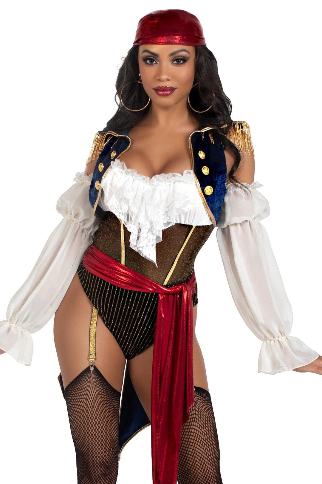 Leg Avenue 2 Piece Buccaneer Beauty W/Garter Bodysuit, Velvet Brocade Tail Coat in Multi 