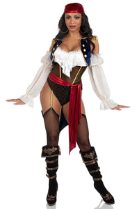 2 Piece Buccaneer Beauty W/Garter Bodysuit, Velvet Brocade Tail Coat-Pirate Costumes-SEXYSHOES.COM