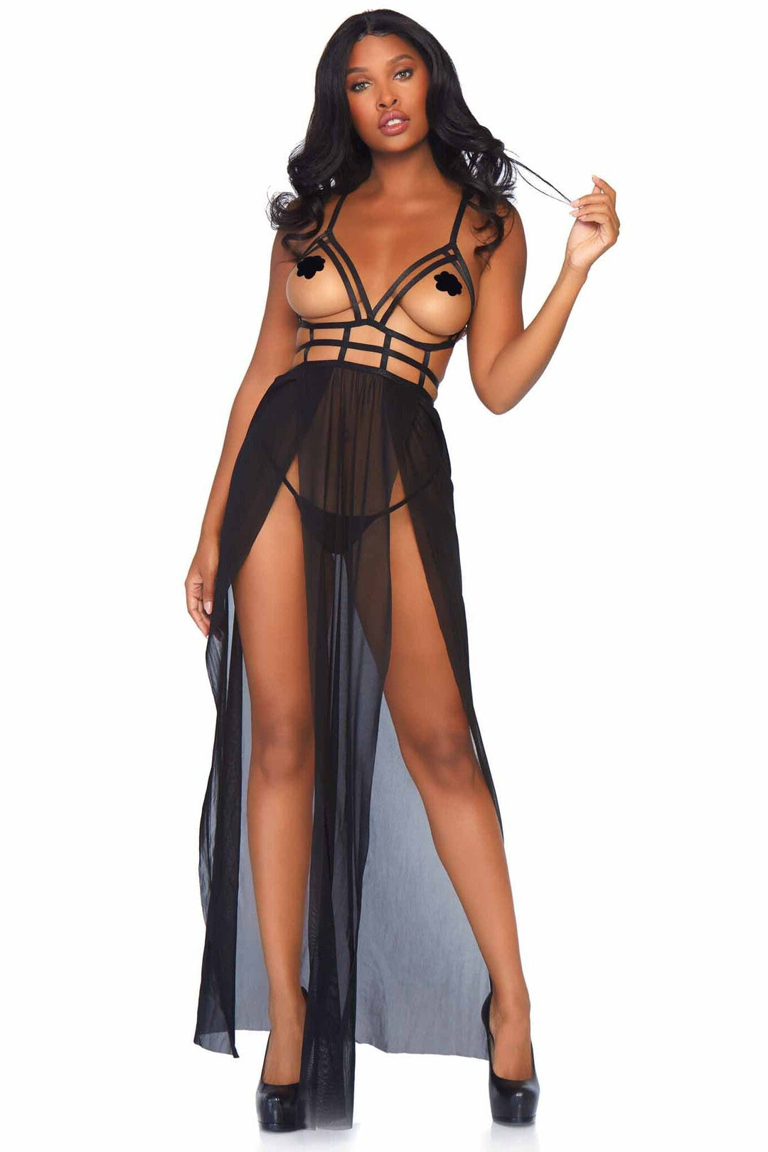 Leg Avenue 2 Piece Cage Strap Open Bodice Maxi Dress & Matching G String in Black  from SexyShoes.com