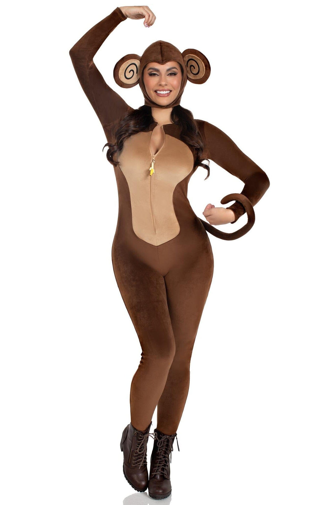 Leg Avenue 2 Piece Cheeky Monkey Velvet Plush Catsuit Costume Set in Brown 