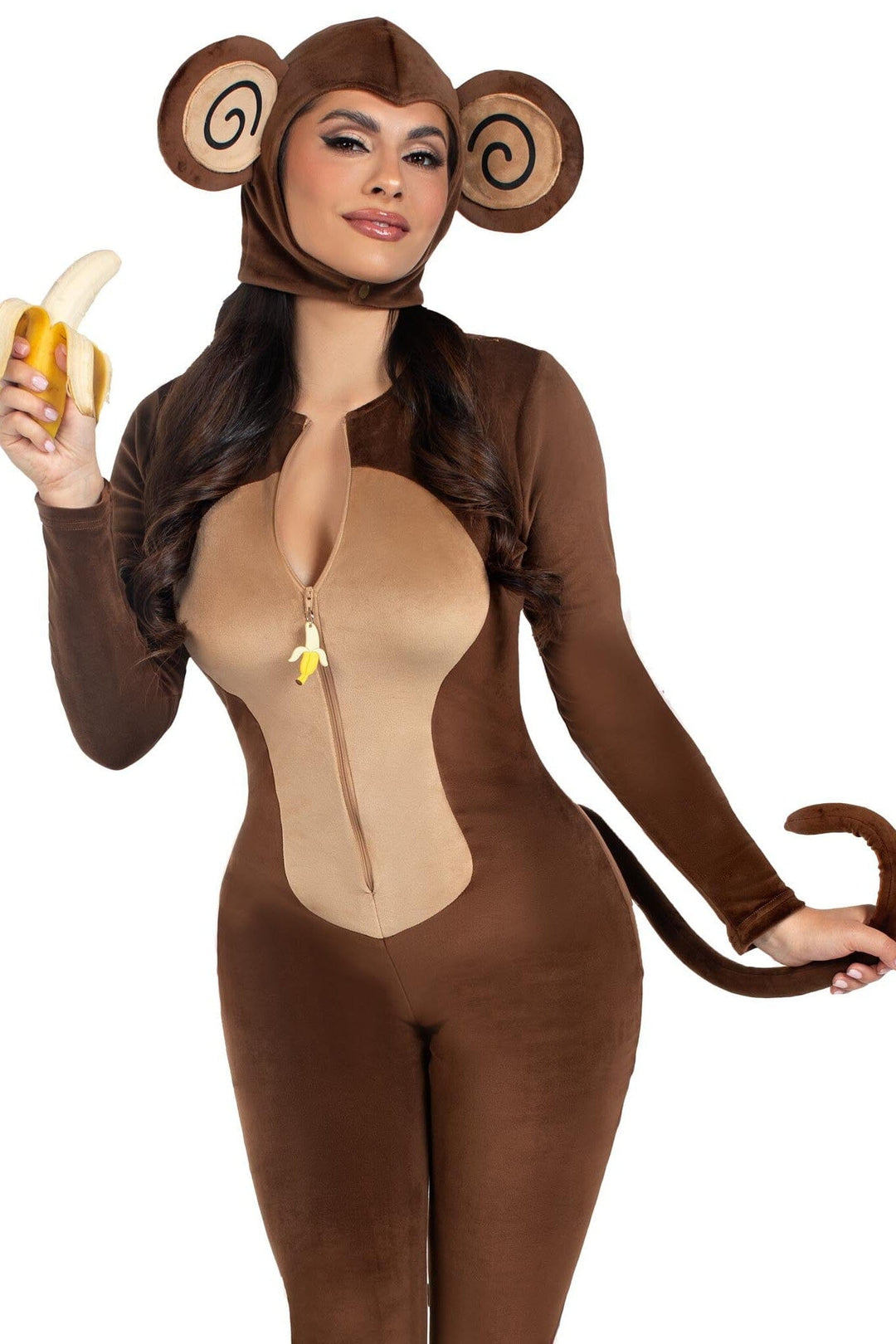 Leg Avenue 2 Piece Cheeky Monkey Velvet Plush Catsuit Costume Set in Brown 