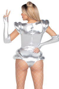 Leg Avenue 2 Piece Cosmic Cutie Metallic Lame Bodysuit & Fingerless Gloves in Silver 