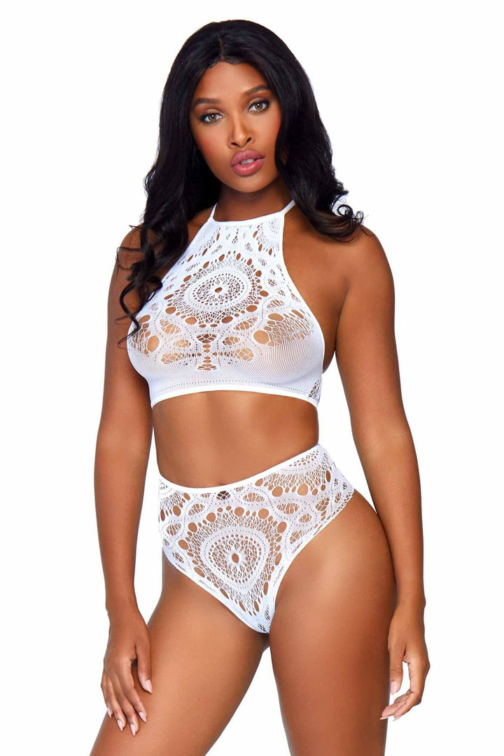 2 Piece Crochet Lace Halter Crop Top Set