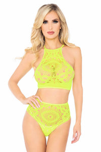 Leg Avenue 2 Piece Crochet Lace Halter Crop Top Set in Yellow  from SexyShoes.com