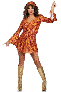 Leg Avenue 2 Piece Disco Doll, Includes Bell Sleeved Dress And Head Scarf in Multi 