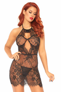 Leg Avenue 2 Piece Eyelash Lace Keyhole Halter Dress W/Scalloped Cut Outs Set in Black 